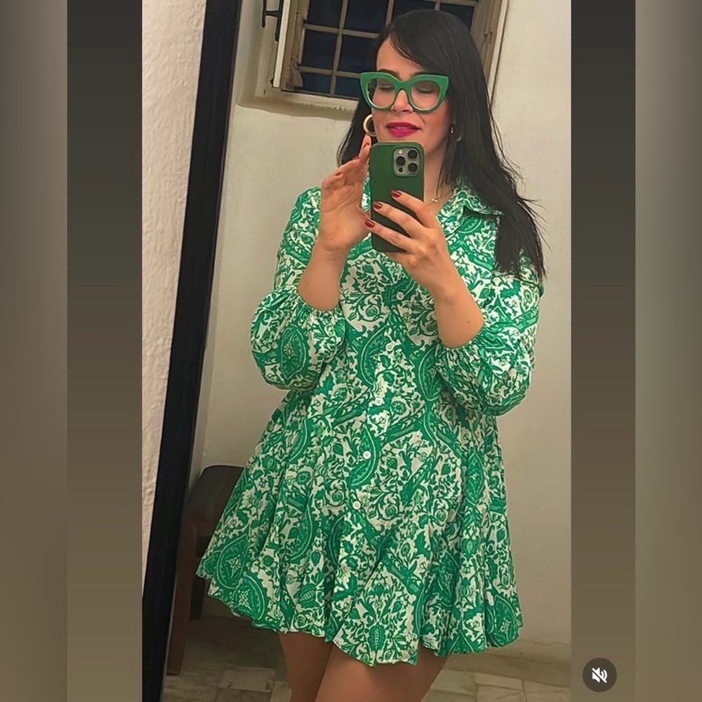 Zara Green and White Patterned Dress Size SM